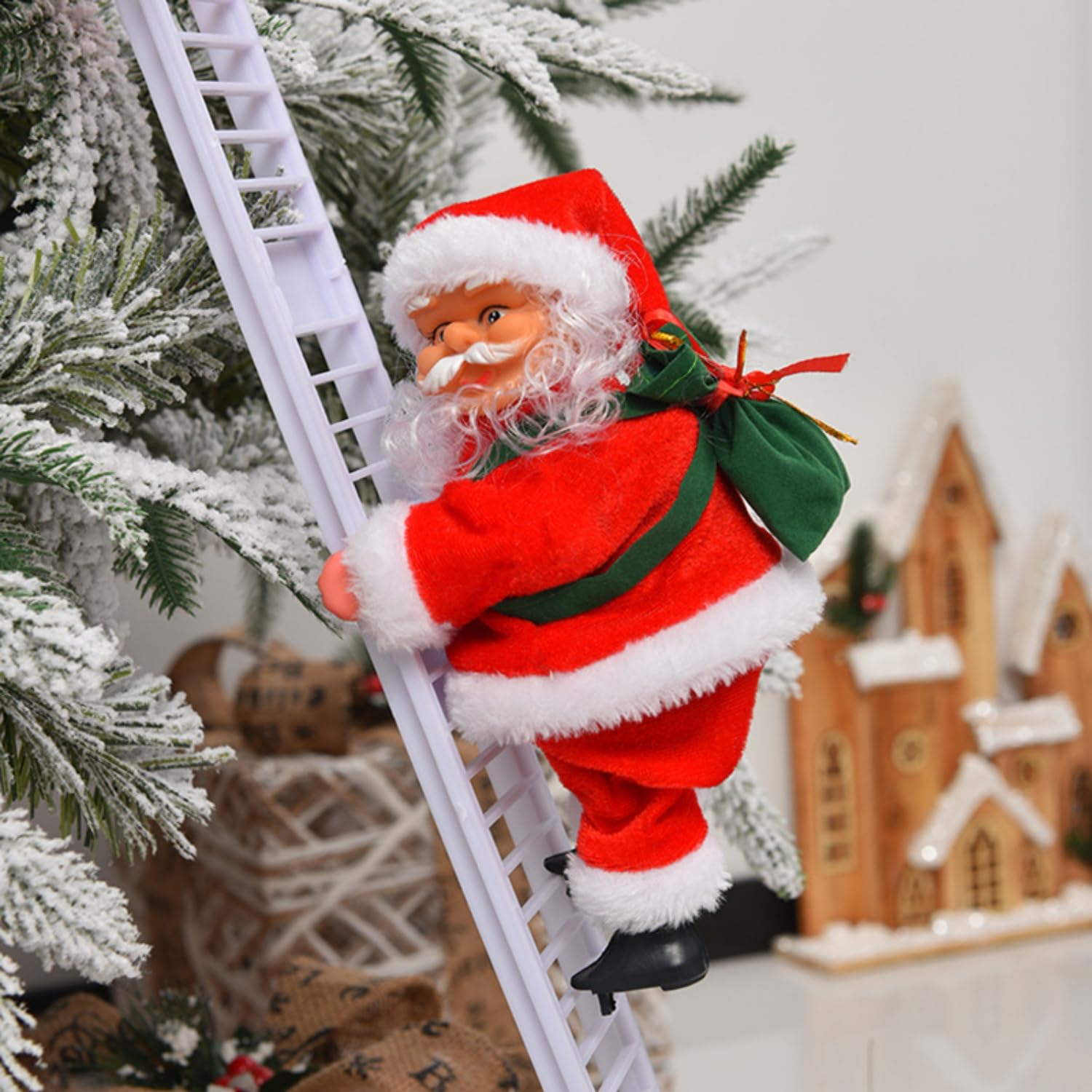 ITODA Electric Climbing Ladder Santa Claus Christmas Santa Claus Ladder Climbing with Music Santa Plush Doll Toy Figurine Decoration Xmas Tree Hanging Ornaments for Christmas Party