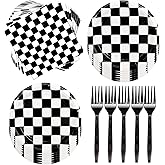 60Pcs Race Car Black and White Checkered Party Supplies - Racing Tableware Set with 7" Plates, Checkered Flag Napkins, Forks for Race Car Themed Birthday Party Decorations (Serves 20)
