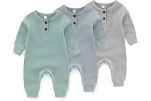 IADOER Newborn Baby Boys Girls One Piece Romper With Mitten Cuffs 3 Pack Long Sleeve Ribbed Button Jumpsuit Outfit Clothes
