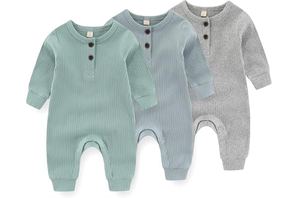 Newborn Baby Boys Girls One Piece Romper with Mitten Cuffs Solid Long Sleeve Ribbed Button Jumpsuit Outfit Clothes