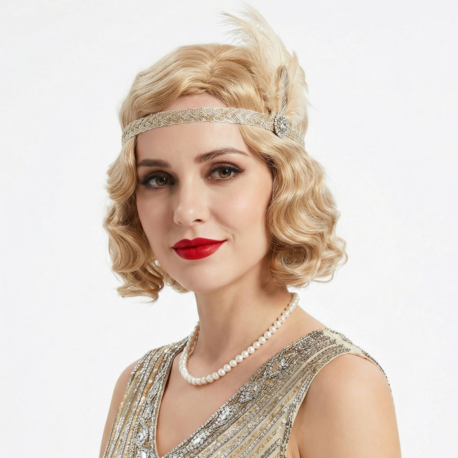 R REEWES FASHION HAIR Long 1920s Finger Wave Curly Short Wig Vintage Synthetic Heat Resistant Full Wigs for Women Cosplay Costume Fancy Dress with Wig Cap (Blonde), 1.0 Count