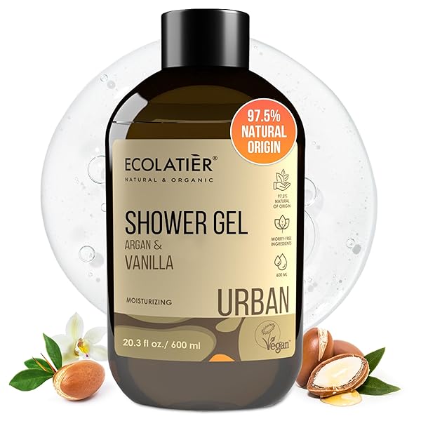 ECOLATIÈR VANILLA BODY WASH WITH ORGANIC ARGAN OIL – MOISTURIZING NATURAL BODY WASH FOR WOMEN & MEN, 97.5% NATURAL INGREDIENTS, VEGAN, HYDRATING & ANTIOXIDANT CARE FOR SOFT, SMOOTH SKIN, 20.3 FL OZ