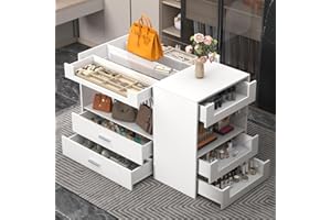 GOFEI Closet Island with Drawers, 9 Drawers & 2 Shelves – White Jewelry Storage Vanity Island with Glass Top for Closet & Walk-in Wardrobe – 47.2" W x 23.6" D x 31.5" H
