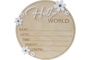 CUNCUN Hello World Wooden Birth Announcement Sign, 6.2 inch Round Nursery Photo Prop, Baby Name Weight Length Date Time Plaque (BB122)