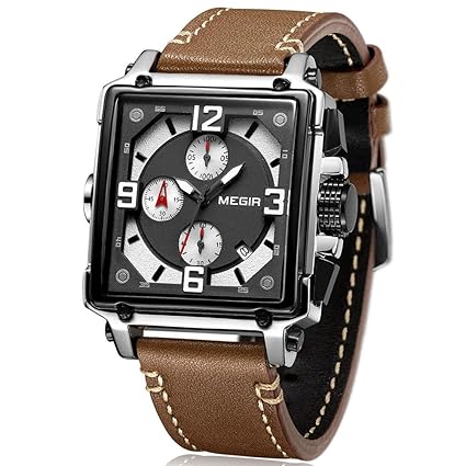 MEGIR Herren Uhren Rechteckig Braun Leder Armband Wasserdicht - Analog Chronograph Männer Uhren - Sport Silber Edelstahl Gehä