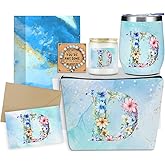 Personalized Gifts Monogrammed Birthday Gifts for Women, Niece Auntie Boss Teacher Appreciation Christmas Initial Wine Tumbler Makeup Bag Scented Candle Bracelet Set, (Aesthetic Blue Flower D)