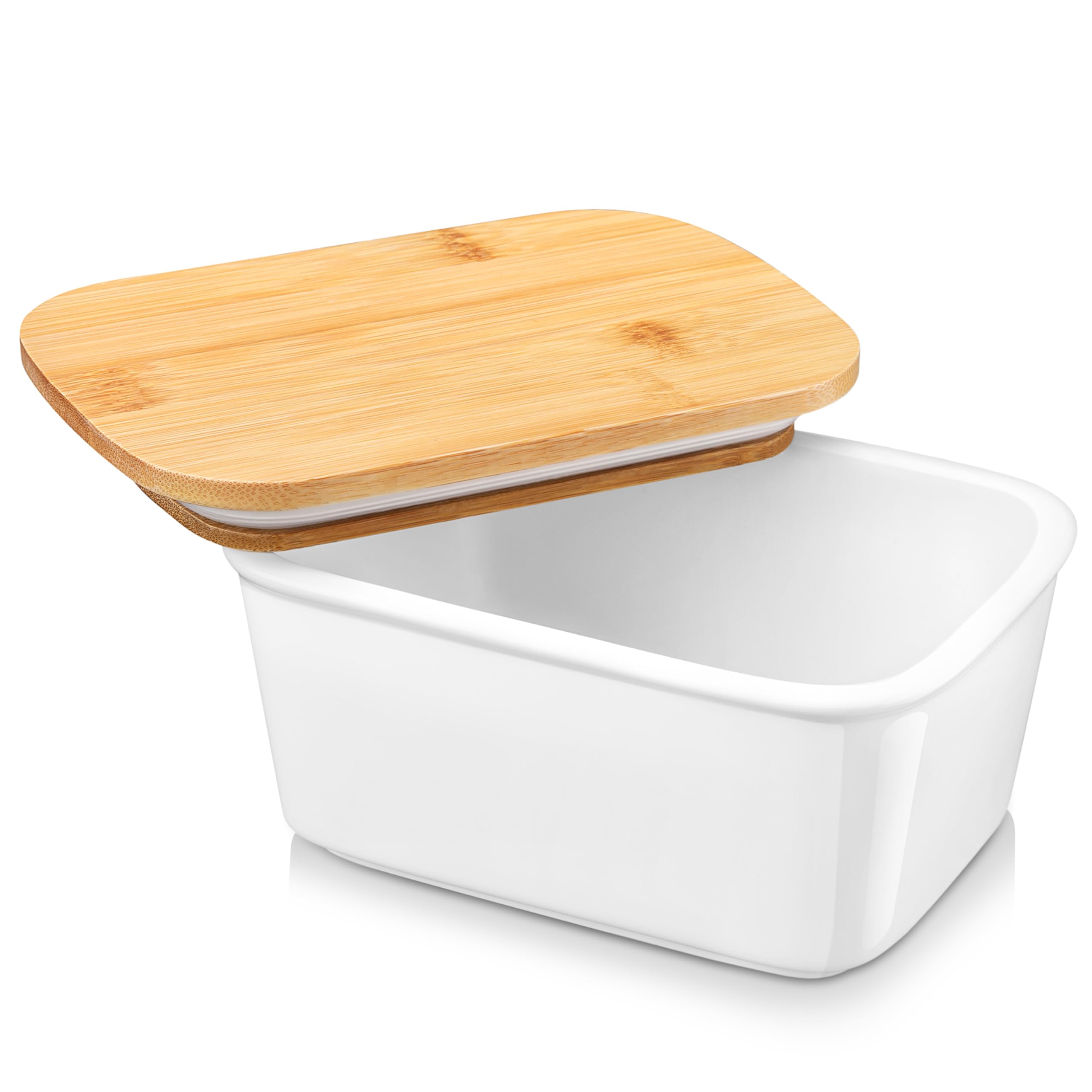 LOVECASA Butter Dish, Porcelain Butter Container with Wooden Bamboo Lid, French Butter Dish,Removable Silicone Seal, 500ml White