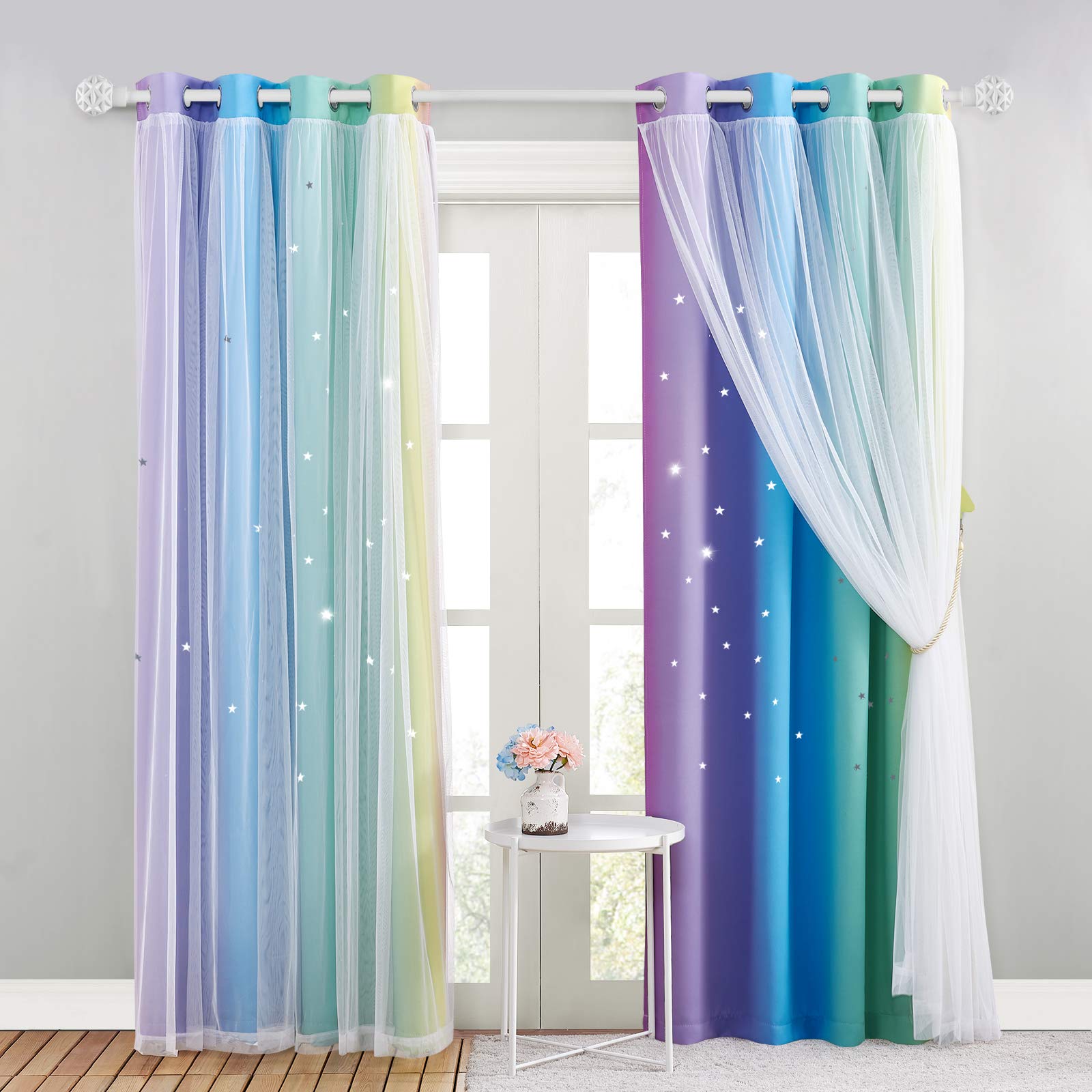 NICETOWN Kids Blackout Curtains - Stars Cut Out Thermal Curtains for Nursery Girls Boys Bedroom Living Room Rainbow Drapes with Eyelet, 2 Panels W52 x L95 Inch (132x241 cm), Purple Blue Green Yellow