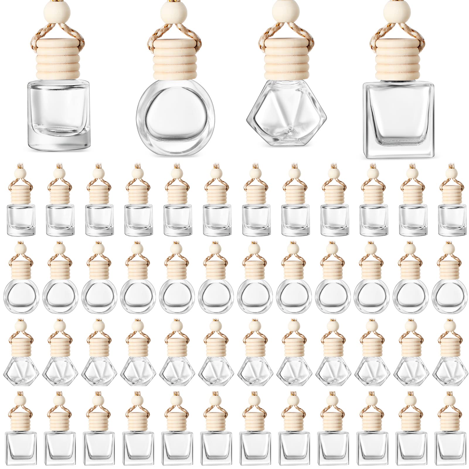 Photo 1 of BOTO 100 Pcs Oil Air Freshener Diffuser with Wooden Cap Empty Essential Diffuser Aromatherapy Car Fresheners Clear Car Fragrance Holder Pendant Aesthetic Decor Hanging Perfume Bottle (Various Style)