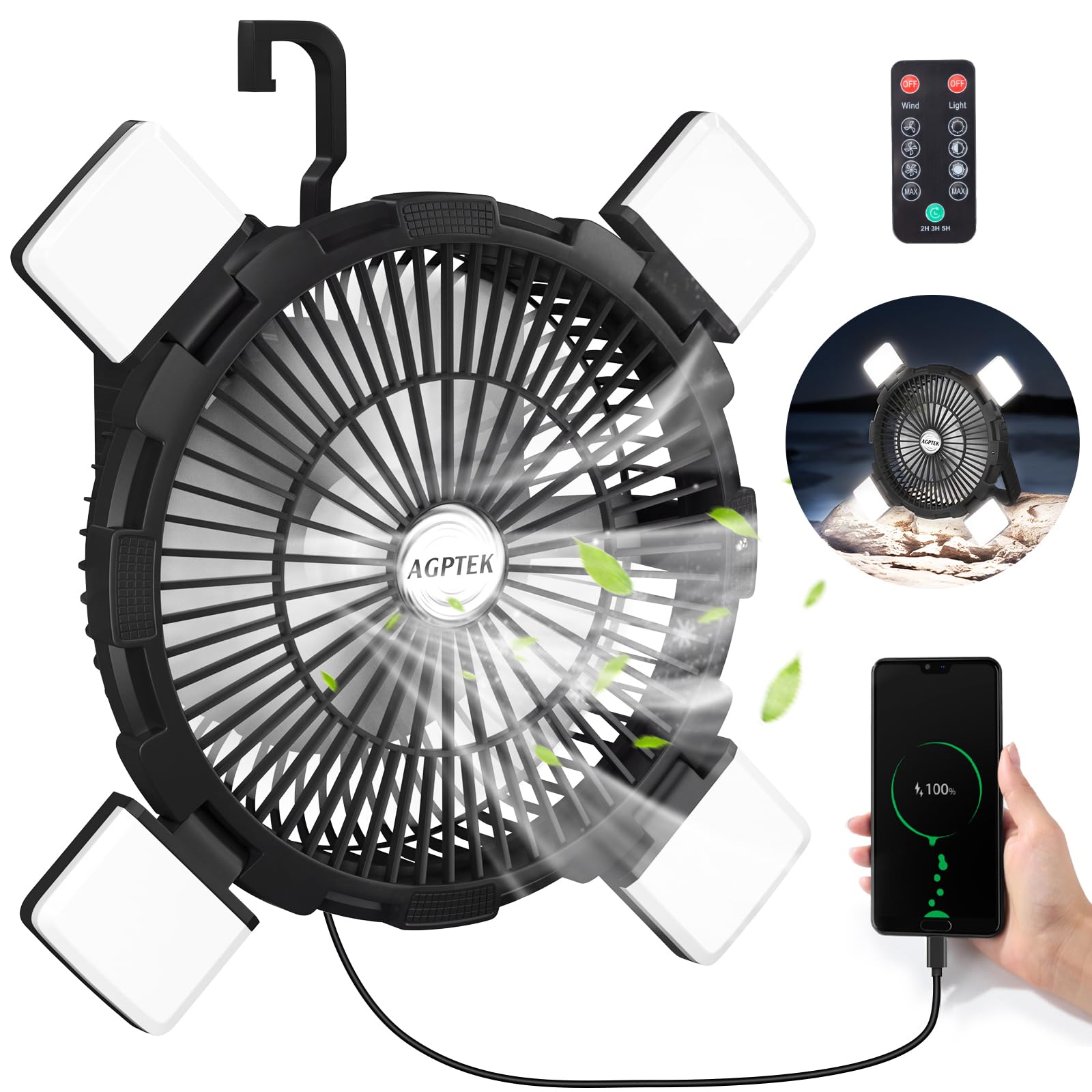 Photo 1 of AGPTEK Portable Outdoor Fan - 8000mAh Rechargeable Battery with LED Light Lantern & Hook, Ideal for Picnics, BBQ, Fishing, Travel & Camping