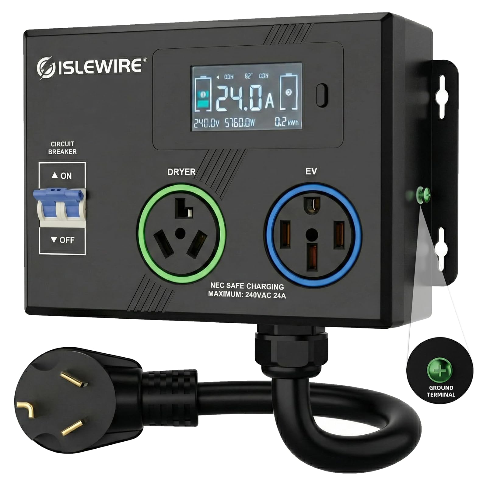 Photo 1 of Smart Dryer Splitter for EV and Dryer, 240V Auto Power Switch for Dryer Outlet, 3-Color LED Ring, 3.4" LCD Display, No Rewiring Needed, NEMA 10-30 Plug, NEMA 10-30 & NEMA 14-50 Outlets (24 Amp)