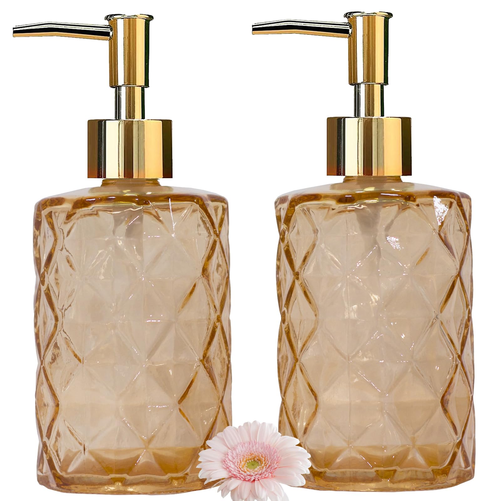 Photo 1 of Glass Soap Dispenser with Gold Plastic Pump, 12oz Refillable Liquid Hand Soap Dispenser, 2 Pack Crystal Lotion Bottle for Modern Home Decor, Bathroom, Kitchen Countertop, Hotel(Amber)