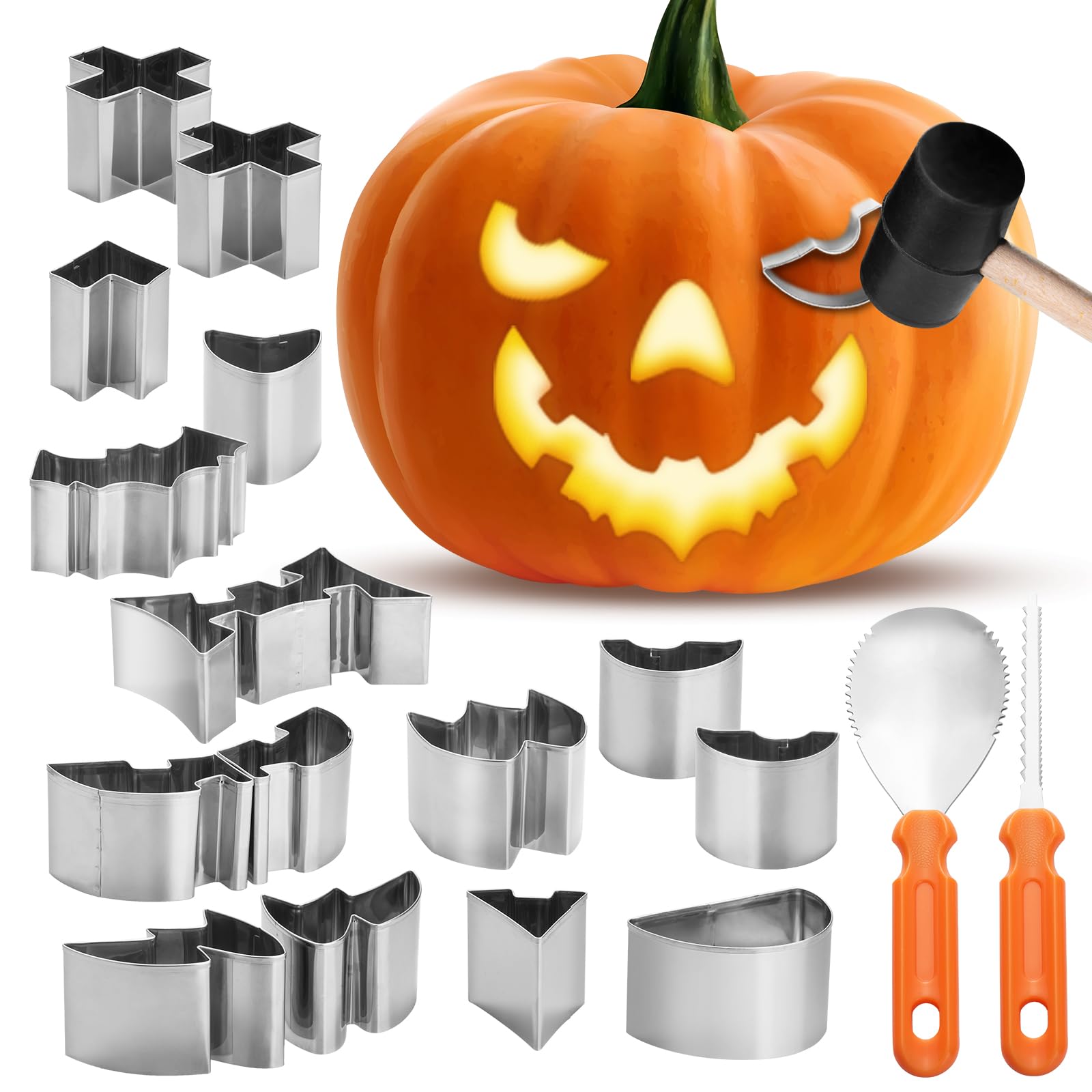 Photo 1 of 2025 Upgraded Halloween Pumpkin Carving Kit, 18-Piece Set with Stencils, Hammer, Saws & Scoops – Safe for Kids