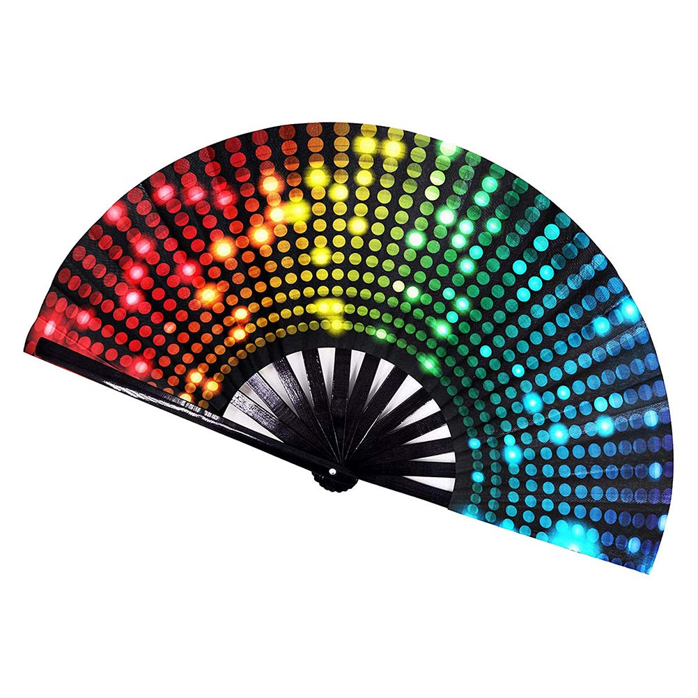 Hopowa Folding Bamboo Fan With Neon Lights - Large Hand Fan for Festivals, Drag Queen & Burlesque