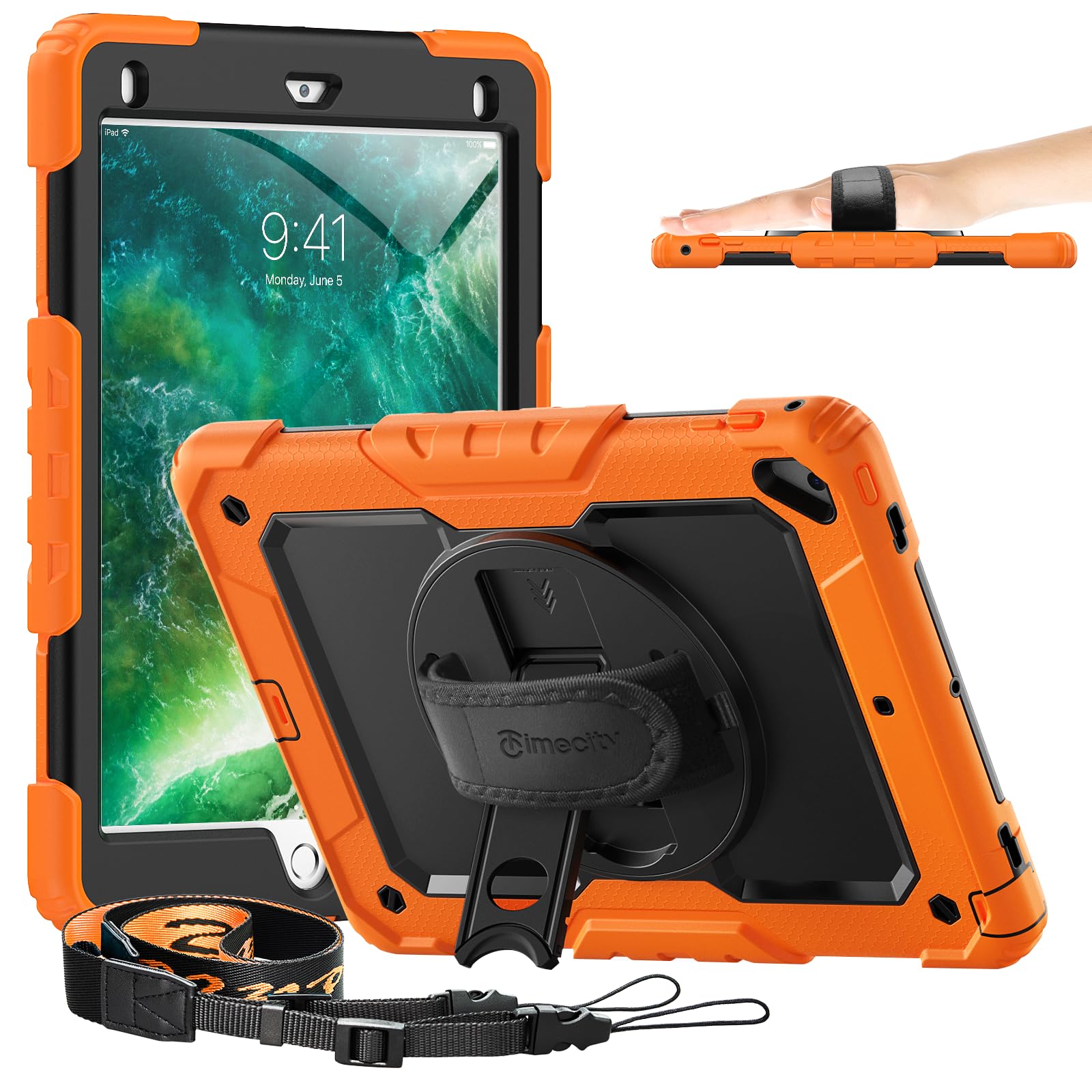 Timecity case For iPad 6th/5th Generation(2018/2017), iPad Pro 9.7 inch(2016), iPad Air 2 Case(2014), Shockproof Case with Screen Protector, 360° Rotating Kickstand, Hand Strap, Pencil Holder, Orange