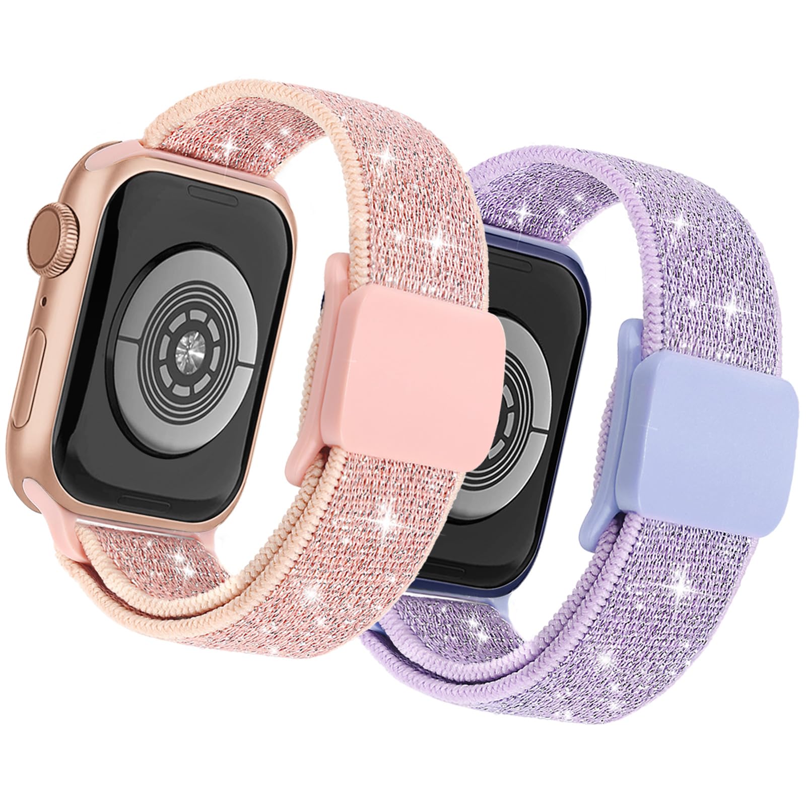 sylacor Stretchy Bands Compatible with Kids Apple Watch Band 38mm 40mm 41mm 42mm 44mm 45mm 46mm 49mm, Soft Elastic Glitter Strap for iWatch Series 10 9 8 7 6 5 4 3 SE SE2 Girls Boys (Pink+Purple, 38/40/41/42mm(Series 10))