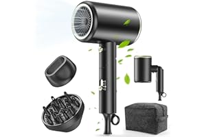 MESHEEN Hair Dryer, 150000RPM Ionic Blow Dryer - Fast Drying, Low Noise, Foldable Portable with Diffuser and Nozzle, Compact Mini for Women and Men, Home and Travel - Black