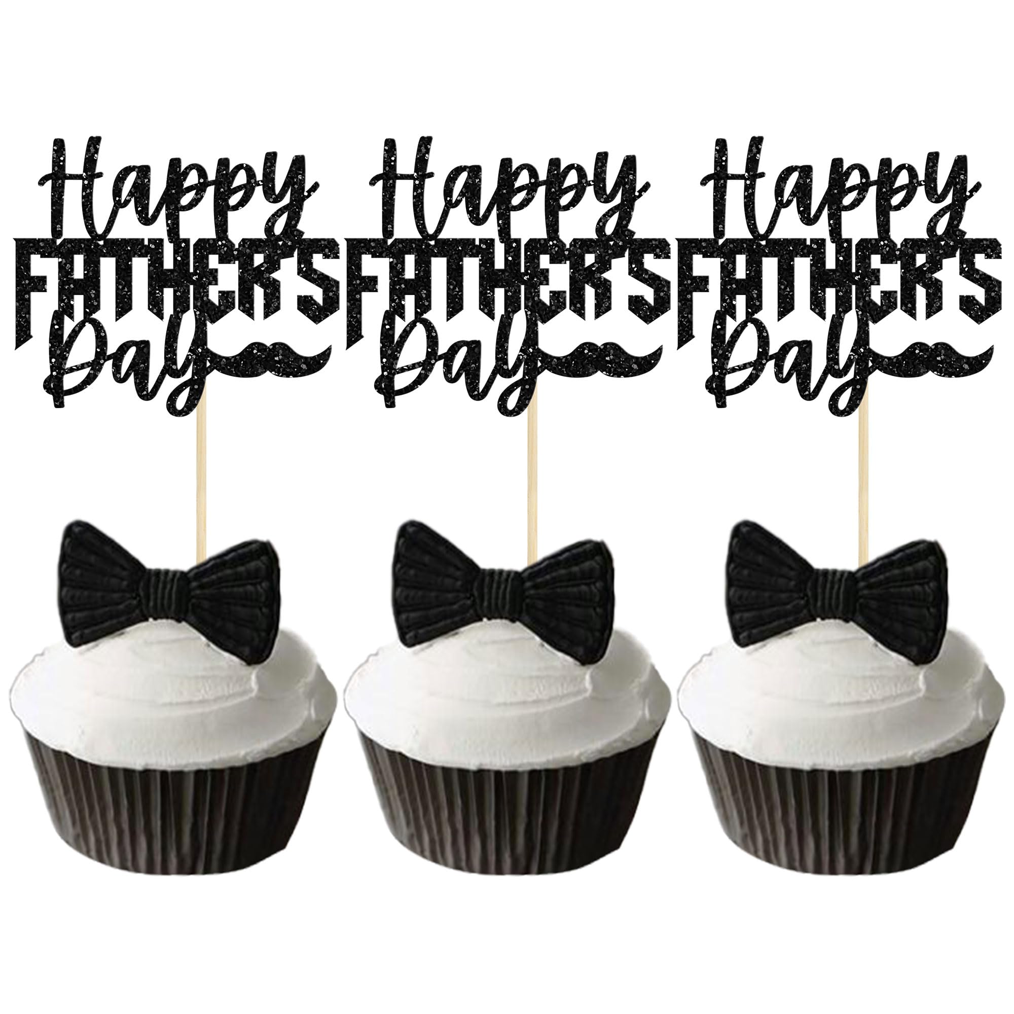 24Pcs Happy Father's Day Cupcake Toppers Black Glitter Best Dad Cake Toppers with Mustache Paper Cake Picks for Fathers Day Party Favor Supplies