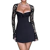 Women 's Elegant Bodycon Dress Lace Patchwork Long Sleeve Low Cut Mini Dress Backless Tie-up Going Out Dress