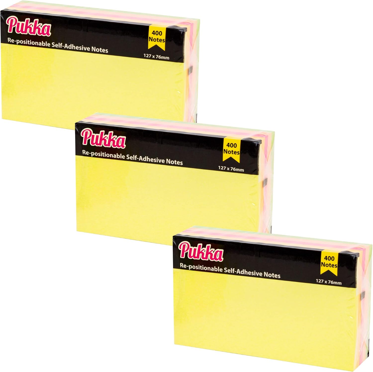 Pukka Pad 3-Pack Sticky Notes - Repositional, Self-Adhesive Notes - 127 x 76 mm, 400 Sheets, Neon, multicolor