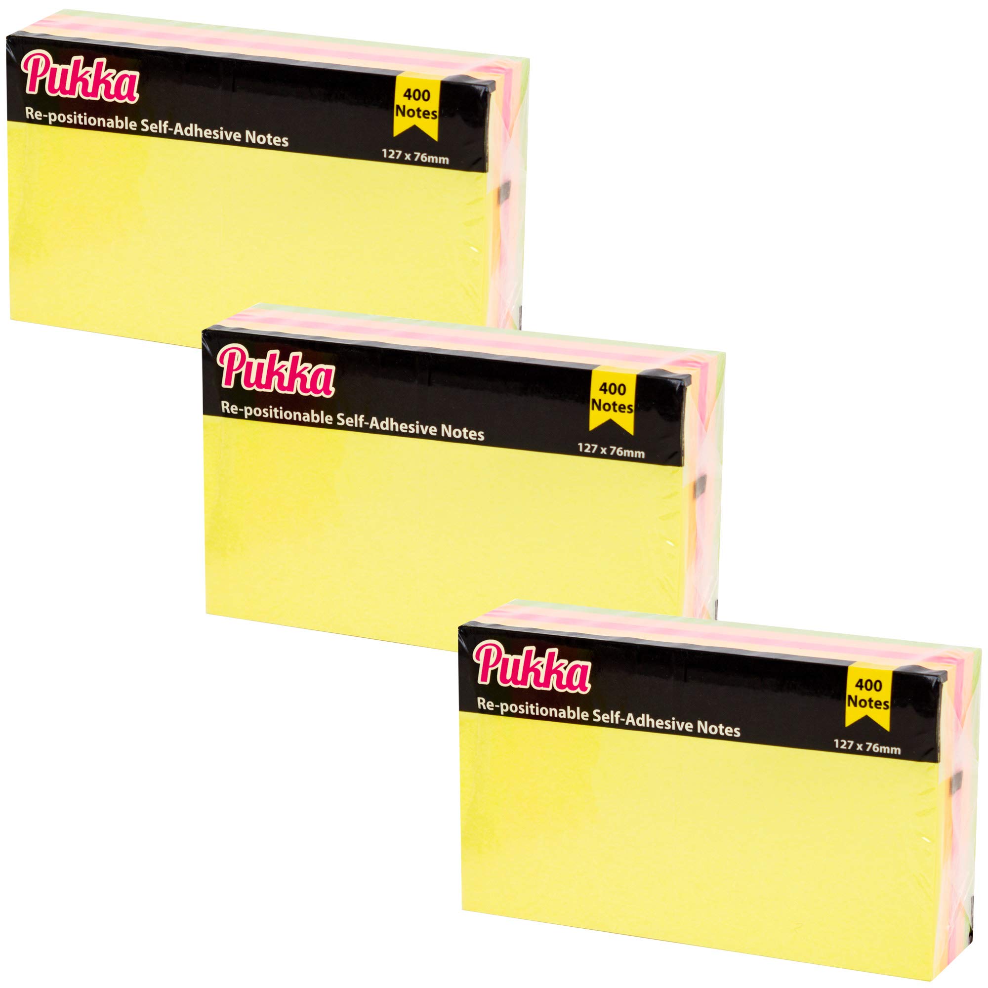 Pukka Pad 3-Pack Sticky Notes - Repositional, Self-Adhesive Notes - 127 x 76 mm, 400 Sheets, Neon