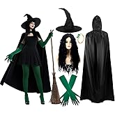 Berlune 7 Pcs Halloween Witch Costume Set for Women Black Witch Hat Cape Black Long Hair Green Gloves Velvet Stockings Rings Movie Halloween Outfit Party Cosplay