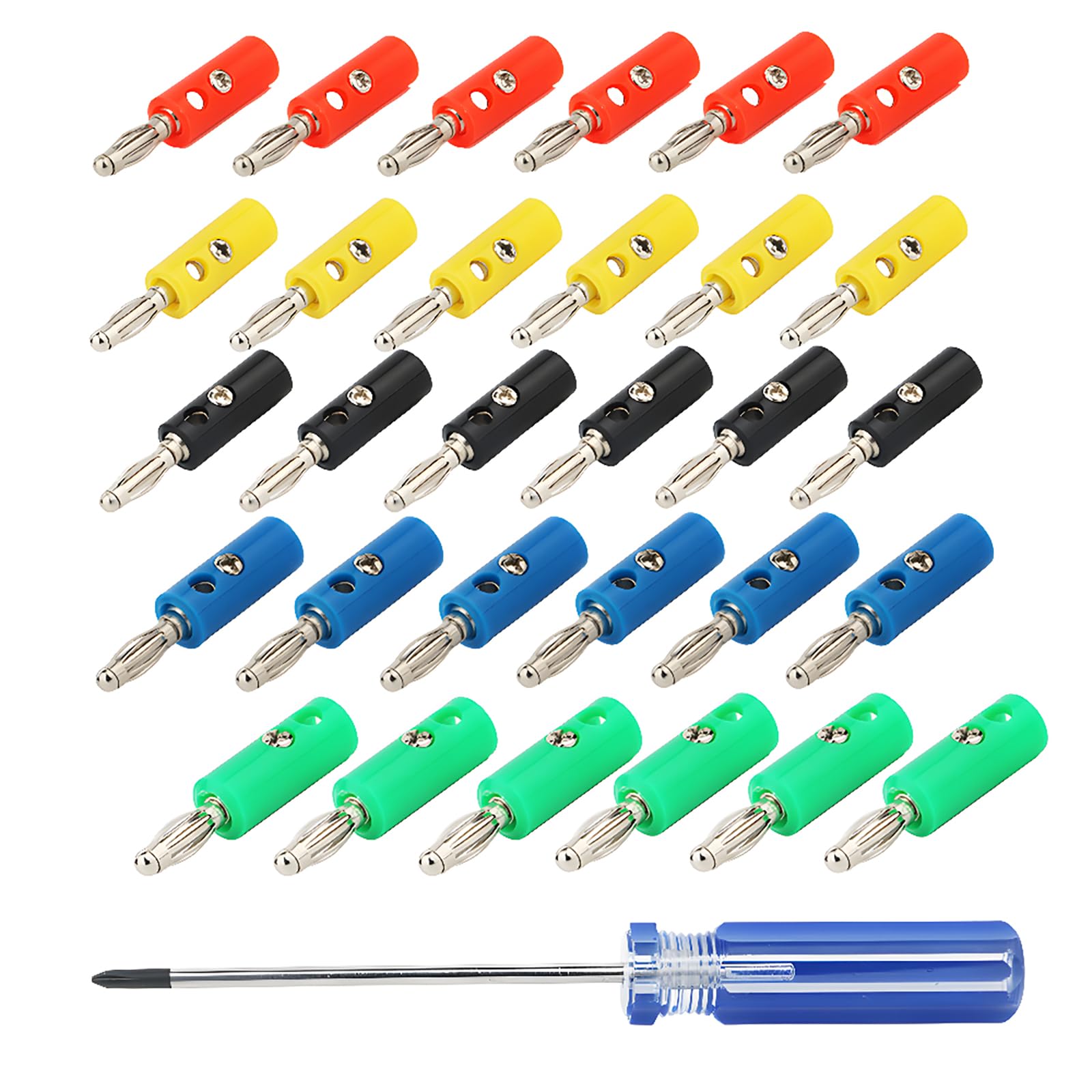 CESFONJER4mm Banana Plugs, Speaker Banana Connectors, for AV Receivers, Amplifiers, Surround Sound, Banana Wall Plates, Corrosion-Resistant (6 Red, 6 Green, 6 Blue, 6 Yellow,6 Black+Screwdriver)