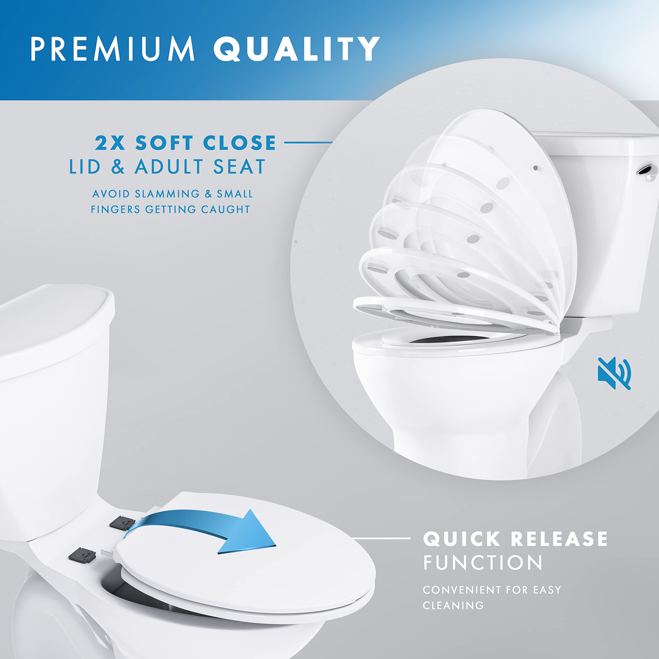 BENKSTEIN Quick Release Toddler Toilet Seat Attachment - Heavy Duty Potty Training Seat - Soft Close Toilet Seat with Toddler Potty Seat For Toilet - Elongated Toilet Seat with Toddler Seat