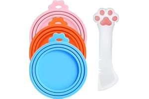 Giozoc Cat Food Can Covers Lids & White Spoon, Pink/Orange/Sky Blue Lids, Can Covers for Dog/Cat Food Cans, Fit 3 Standard Size Pet Food Cans, Spoon with Opener Paw & Mini Spatula