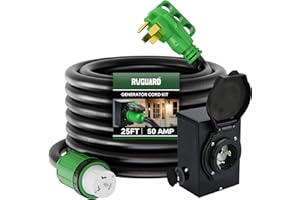 RVGUARD Emergency Power Combo Kit, 25 Foot 50 Amp Generator Cord and Power Inlet Box, NEMA 14-50P to SS2-50R Generator Cord with NEMA SS2-50P Pre-Drilled Generator Inlet Box, ETL Listed