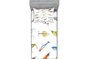Ambesonne Fishing Fitted Sheet & Pillow Sham Set for Bedroom Several Fish Decor Hook Equipment Objects Trolling Angling Netting Gathering Decorative Printed 2 Piece Bedding Decor Set, Twin, White Gray