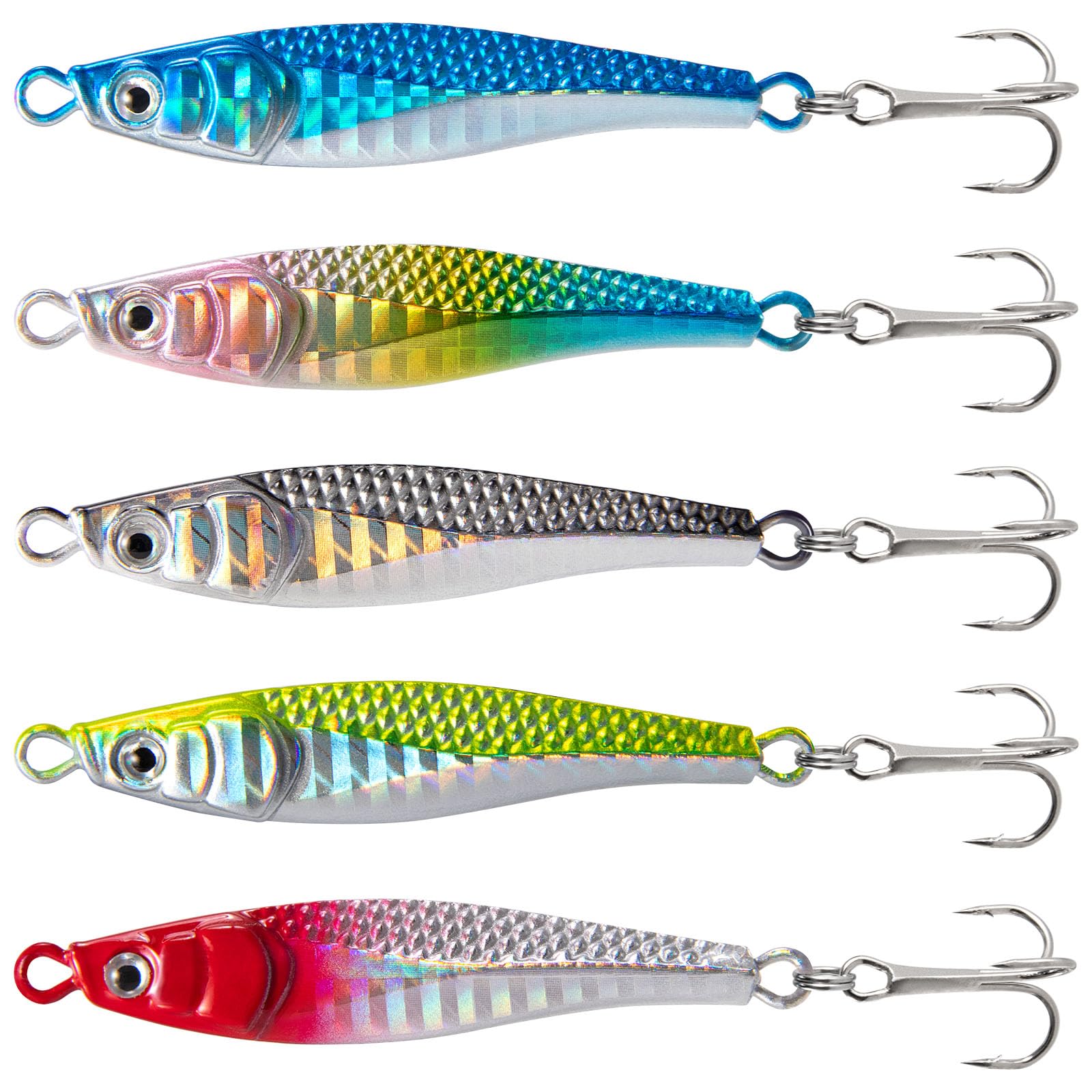 Alwonder 5pcs Sea Fishing Lure 21g/7cm Casting Jig Set with Feather Colorful Laser Metal Sea Fishing Spoons Treble Hooks for Bass Trout Pike Perch Lure Set Long Casting