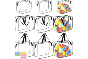 CLBUTGE 9 Packs Clear PVC Toy Storage Bags Include 6 Pcs Large and 3 Pcs Medium Toy Organizer Bags with Labels, Portable Handheld Zipper Bags for Organizing Board Game, Building Blocks, Puzzle, Kids Books