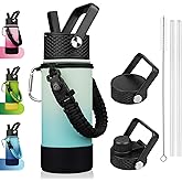 BJPKPK Water Bottle with Straw Lid, 18oz Insulated Water Bottles with 3 Lids, Paracord Handle & Non-slip Boot, Metal Stainless Steel Thermal Flasks, BPA Free Leak Proof Cups, Tumblers,Mint