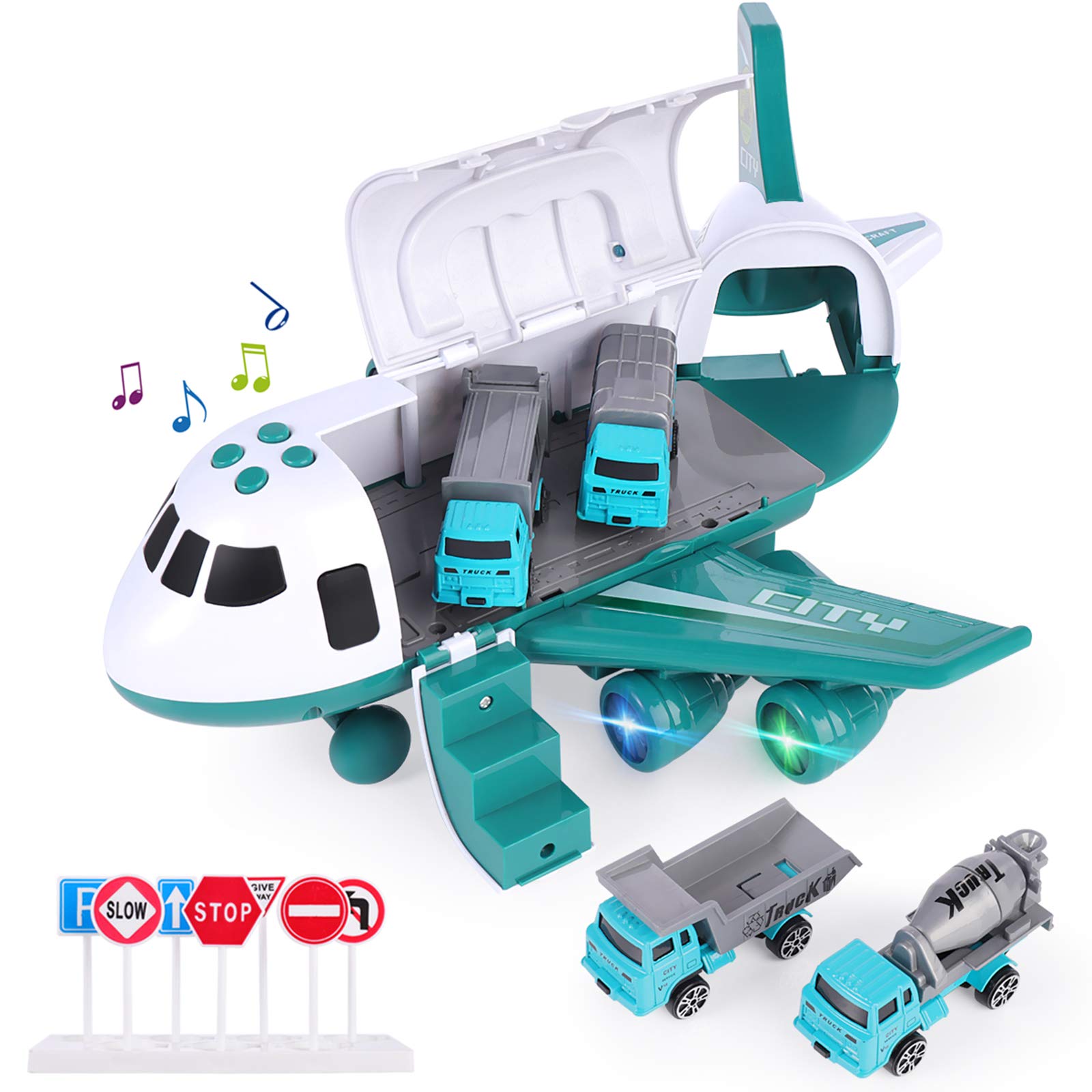 SHANNA Aircraft Vehicle Playset, Inertia Wheel Airplane with Vehicles Educational Toy Set, 1 Large Plane, 4 Alloy Car for Toddlers Over 3 Years Old (Sanitation Vehicle -Green) โ image 1