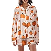 MBZJSDKHLK Women's Halloween Pajamas Set Silk Satin Ghost Pumpkin Print Long Sleeve Button Down Shirt 2 Piece Pjs Shorts Sets