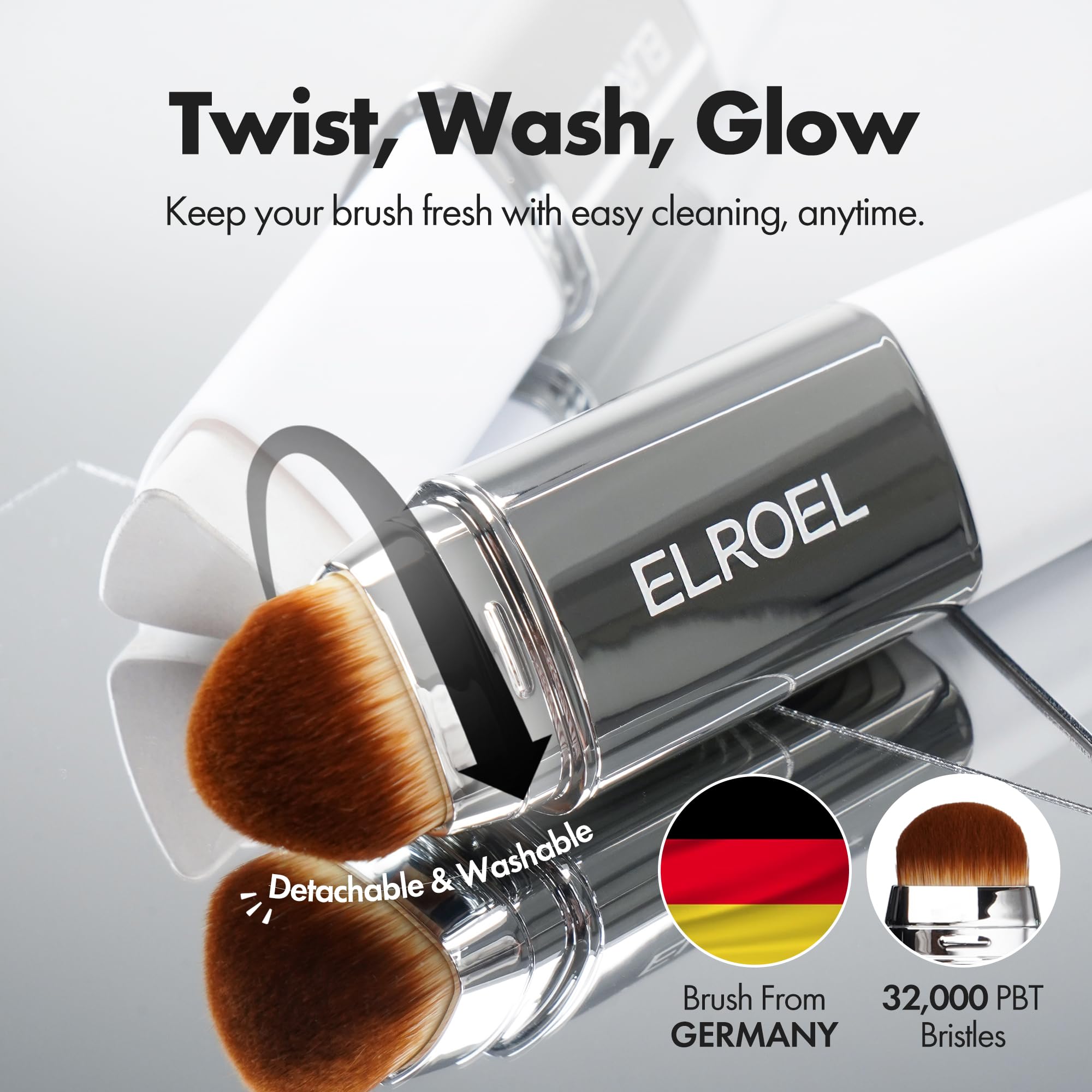 ELROEL Blanc Cover Cream Stick V White - Korean Color-Changing Foundation Stick with Volufiline - Medium to Full Coverage Dewy Finish Base Makeup - Dual-Ended with Detachable Brush (202 Natural)