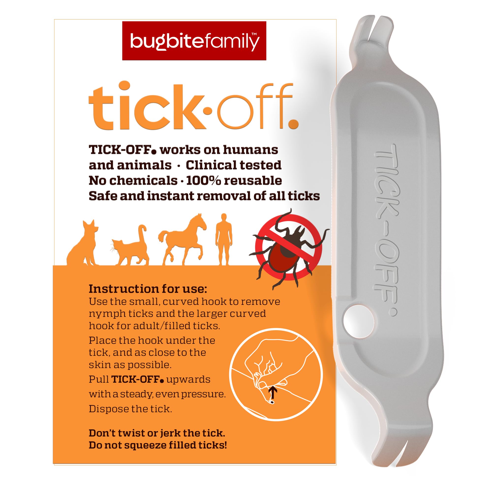 tick-off® Patented Tick Tweezers Human Double-Sided Tick Tweezers for Dogs Cats Horses Tick Remover with 2 Tick Hooks and Ergonomic Handle Clinically Tested Single Pack White