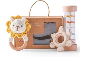 Youuys Wooden Baby Rattle Set (3pcs) - Crochet Rattle Rain Stick Teething Toys, Wooden Montessori Toy for Newborn Infant Baby Rattles Set Toys 3-6-12 Months(Lion)