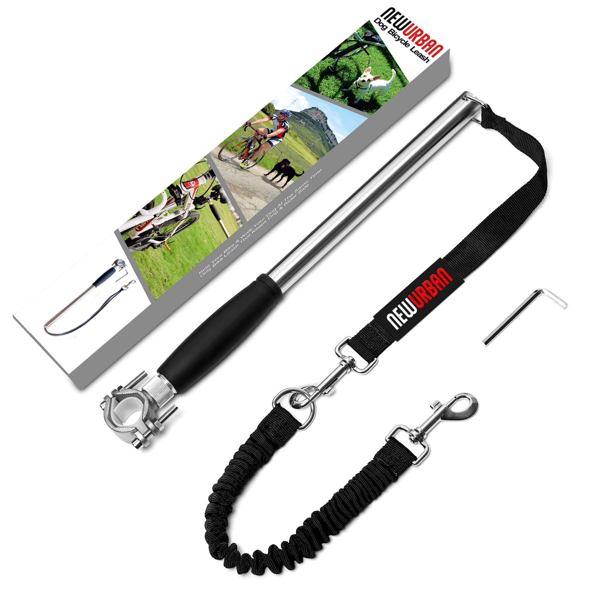 NEWURBAN - Dog Bike Leash - Easy Installation Removal - Hand Free Dog Bicycle - Exerciser Leash - for Exercising - Training Jogging - Cycling and Outdoor - Safe with Pets - Steel and Black Handle