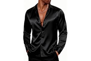 PJ PAUL JONES Men's Shiny Satin Dress Shirts Long Sleeve Button Down Silk Shirt with Bow Tie