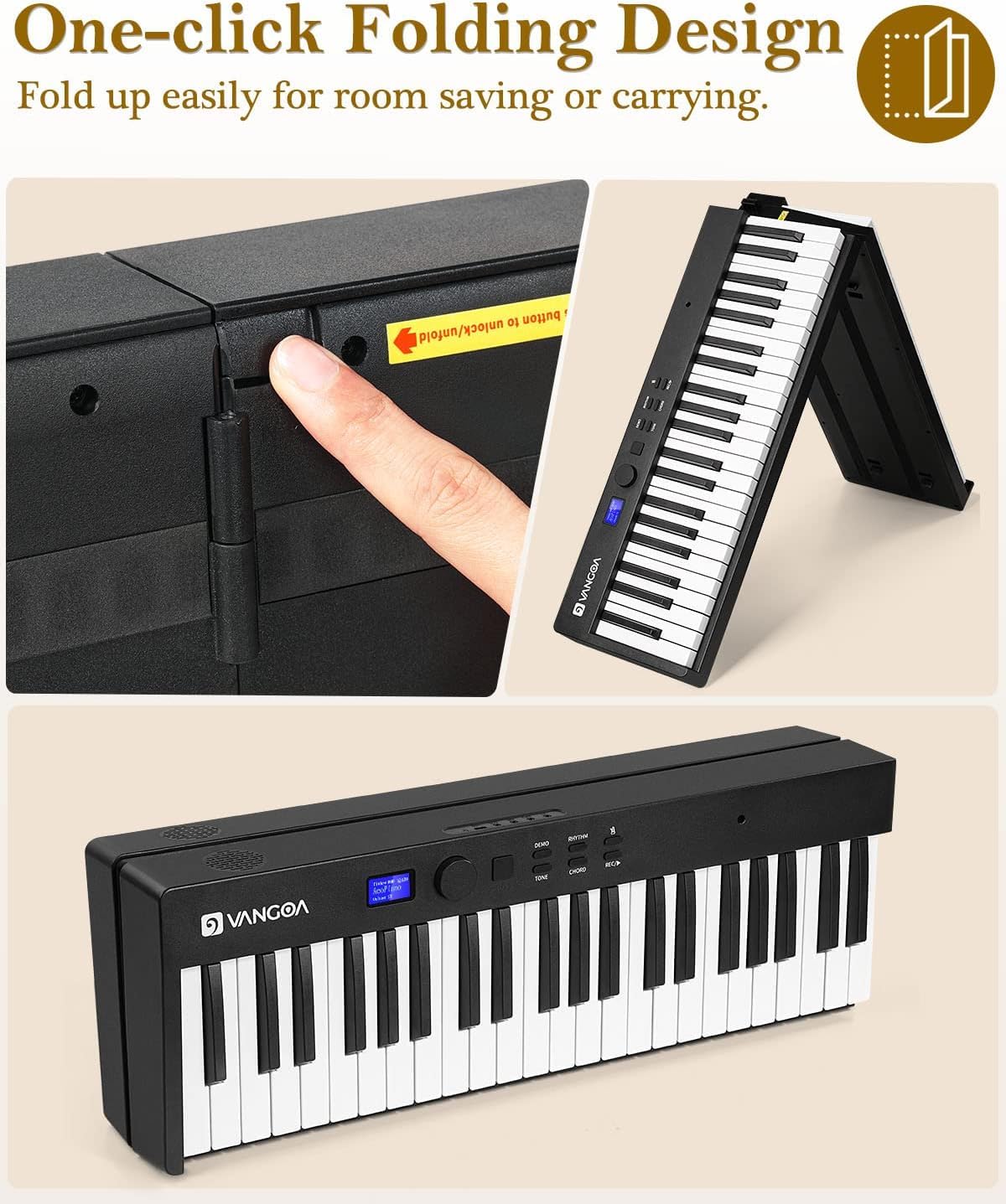 Folding Piano, Portable 88 Key Full Size Foldable Keyboard Piano Semi-Weighted Bluetooth with Light up Keys, Sustain Pedal and Handbag, Black, by Vangoa