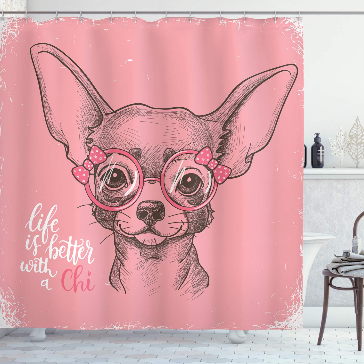 ABAKUHAUS Dog Shower Curtain, Girl Chihuahua Sketch Illustration Words Fashion Glasses Ribbons Puppy, Cloth Fabric Bathroom Decor Set with Hooks, 175 x 220 cm, Army Green Light Pink