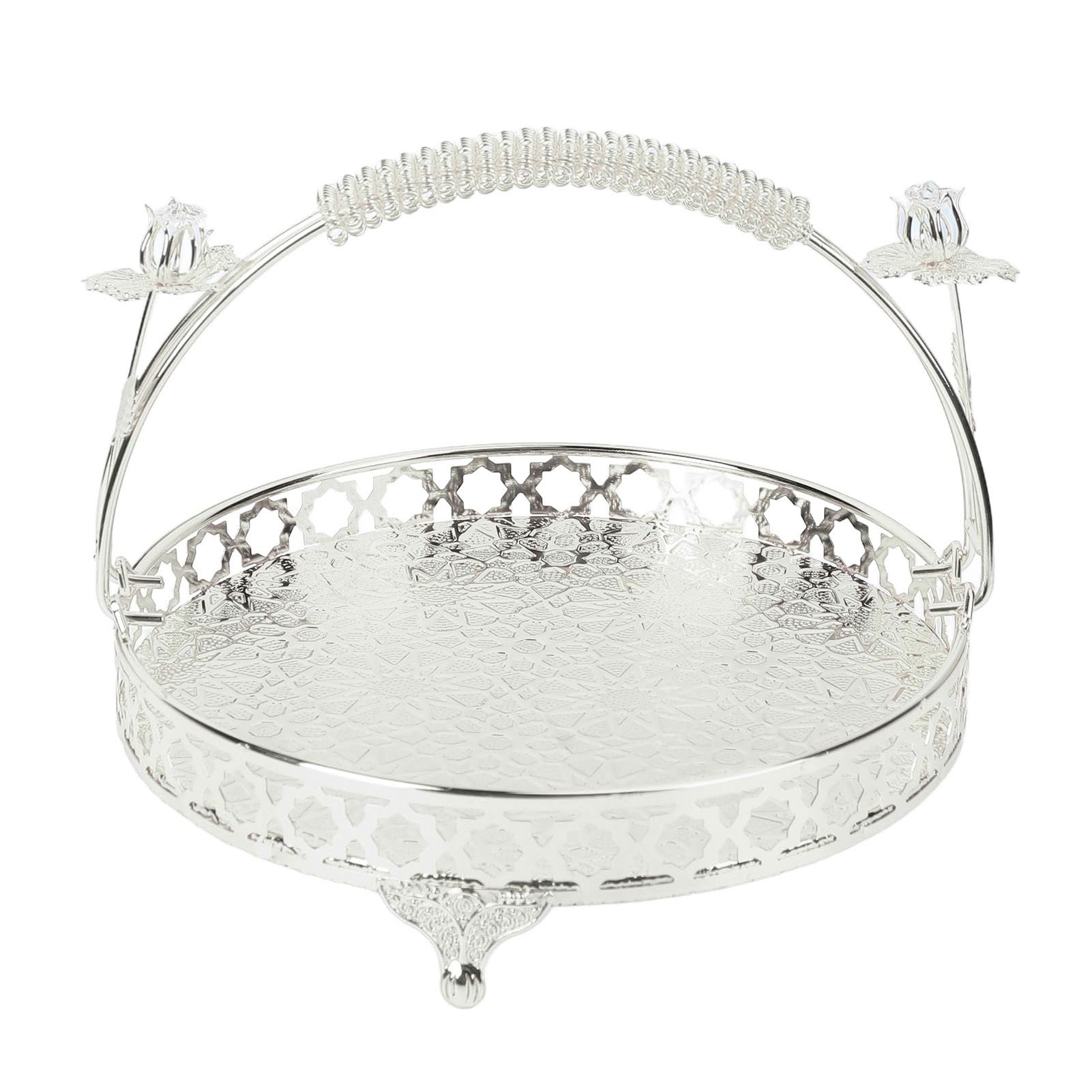 Fruit Bowl, Retro Style Strong Alloy Fruit Tray Widely Used Round Shape Carved Pattern Handle Design for Family (Silver Color Meduim Size)