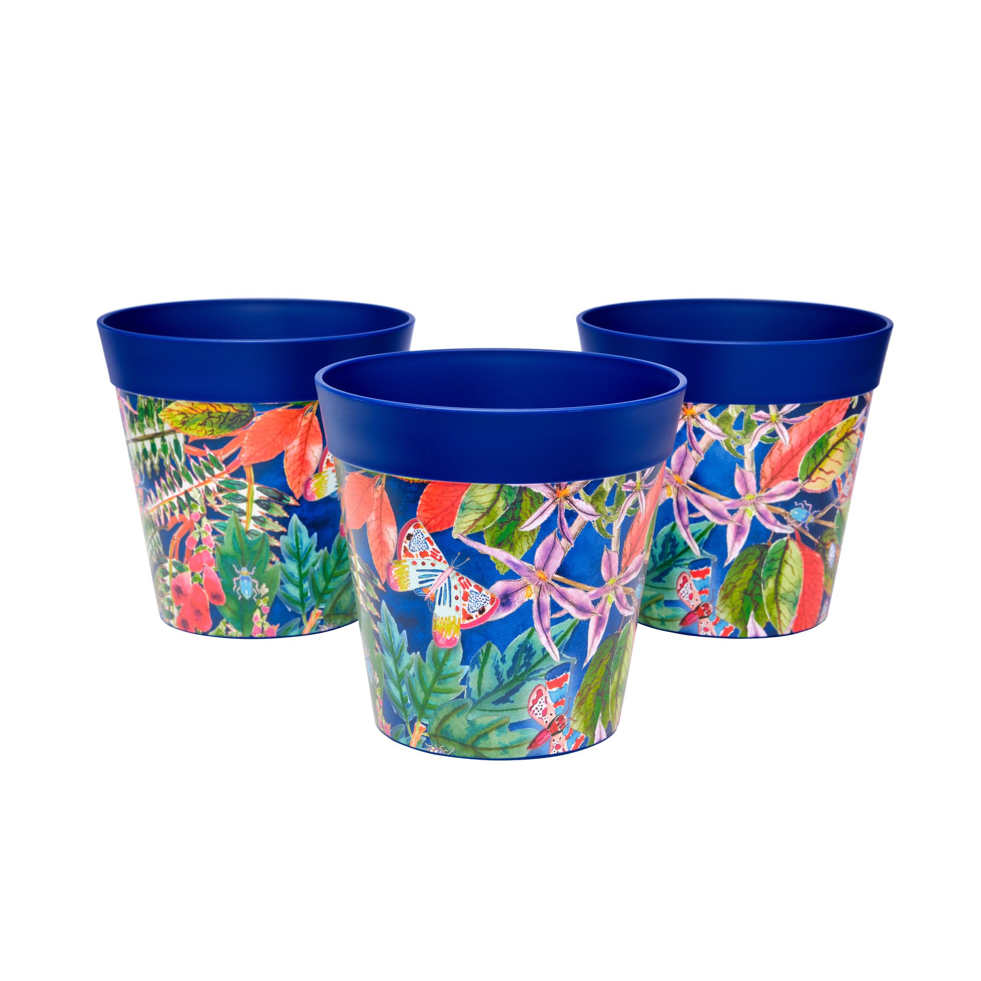 Hum Flowerpots, 15cm Set of 3, Various Patterns Colours and Sizes, Indoor/Outdoor Plastic Plant Pots, Blue Leaves
