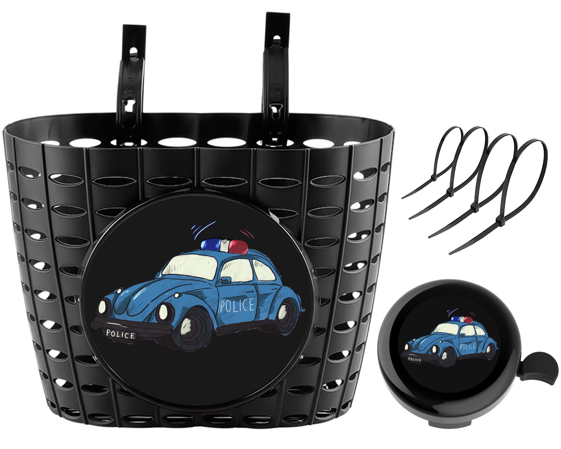 YeloYolker Boys Bike Basket with Bell, Cute Bicycle Front Handlebar Basket for kids, Toddlers, Plastic Scooter Basket(Police Car)