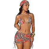 Segreto Women's 4 Piece Floral Leopard Print Bikini Sets Halter Triangle Swimsuit with Mesh Cover Up Skirt and Bandana Scarf