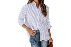 siliteelon Womens Button Down Shirts Cotton Striped Dress Shirt Long Sleeve Collared Office Work Blouses Tops