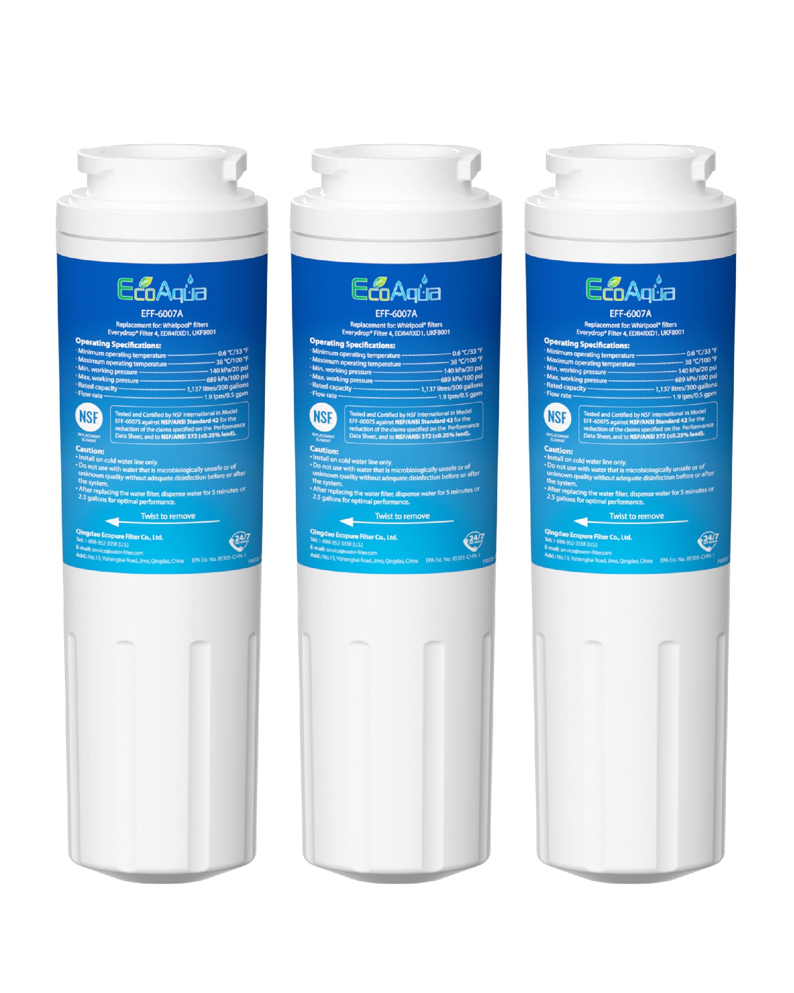 EcoAqua EFF-6007A Fridge Water Filter Compatible with Maytag UKF8001, UKF8001AXX, UKF8001P, WF50, WF51, WF50-NI300, EDR4RXD1, Whirlpool 4396395, Kenmore 9006, 46-9006, 4396548 (3)