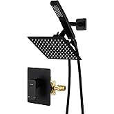 All Metal Shower Faucet Set, Dual Square Shower Head System with Handheld Wand, Diverter, Hose Complete Combo, Pressure Balance Rough-in Valve Included (Matte Black)